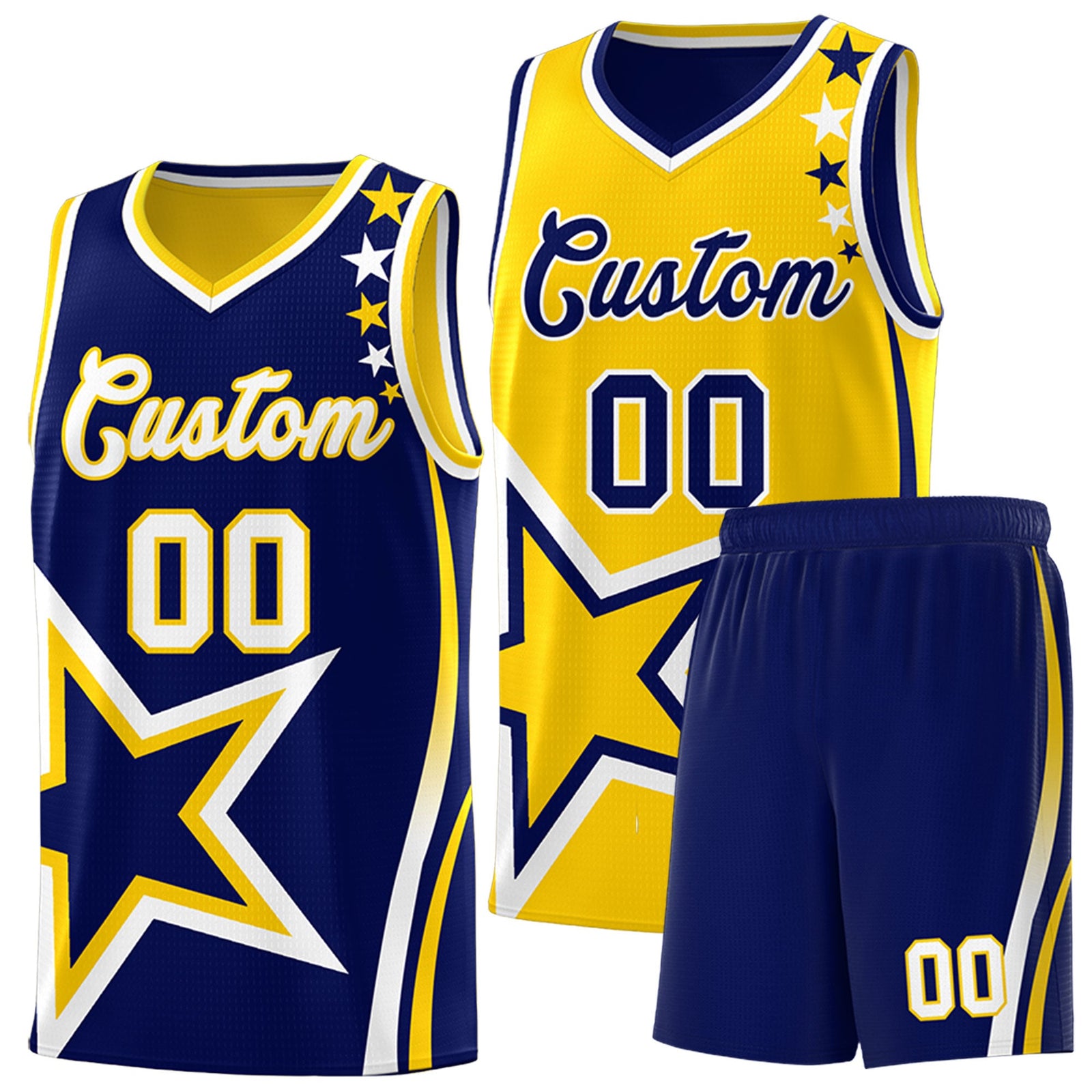 Custom Navy Gold White Star Series Reversible Sets Basketball Jersey| KXKSHOP
