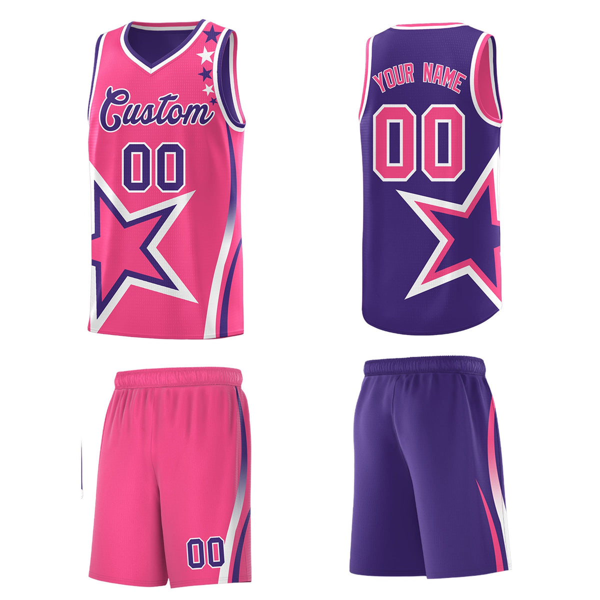 Custom Purple Pink White Star Series Reversible Sets Basketball Jersey| KXKSHOP