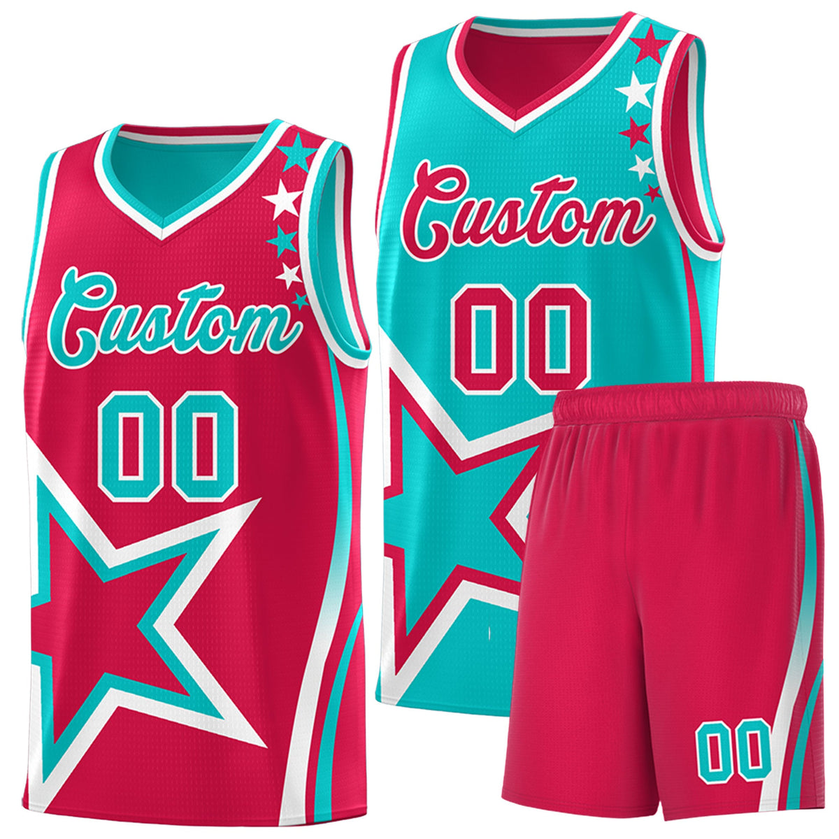 Custom Red Aqua White Star Series Reversible Sets Basketball Jersey| KXKSHOP