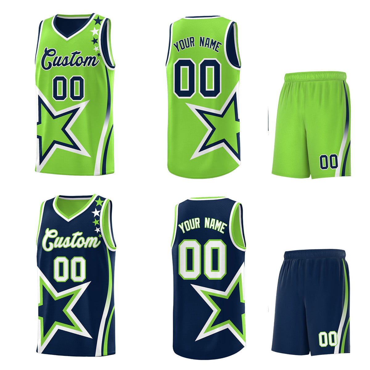 Custom Navy Fluorescent Green White Star Series Reversible Sets Basketball Jersey| KXKSHOP