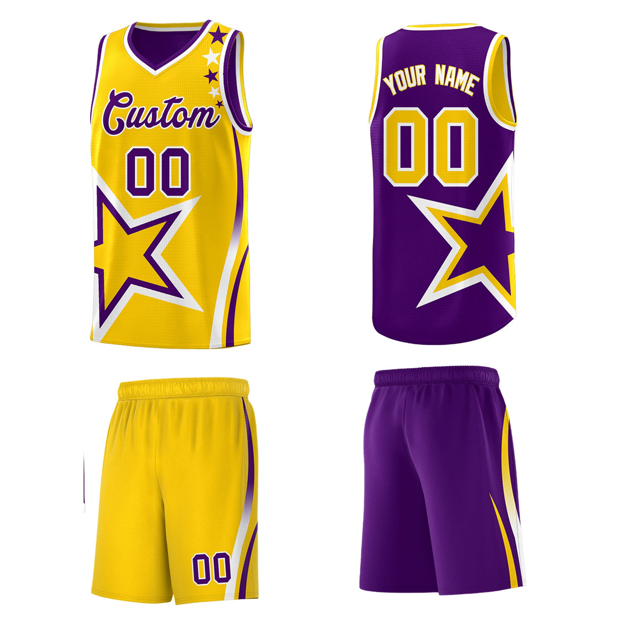 Custom Purple Gold White Star Series Reversible Sets Basketball Jersey| KXKSHOP