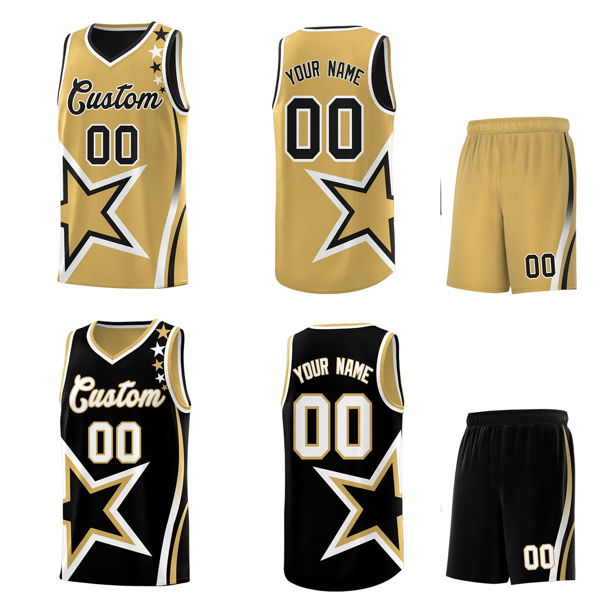 Custom Black Old Gold White Star Series Reversible Sets Basketball Jersey| KXKSHOP