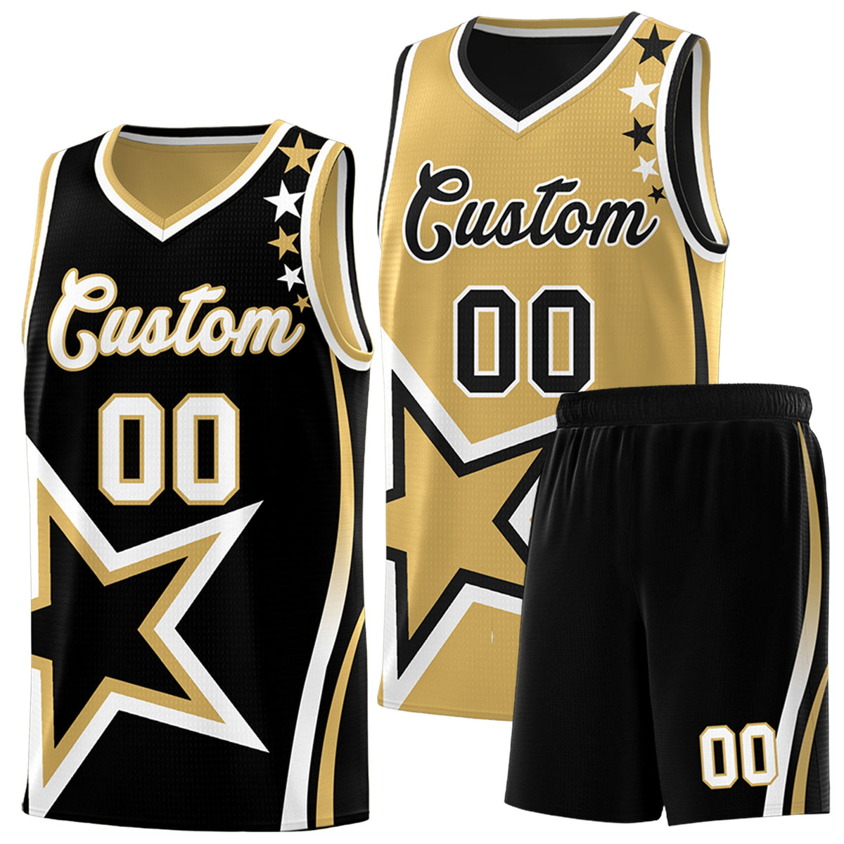 Custom Black Old Gold White Star Series Reversible Sets Basketball Jersey| KXKSHOP