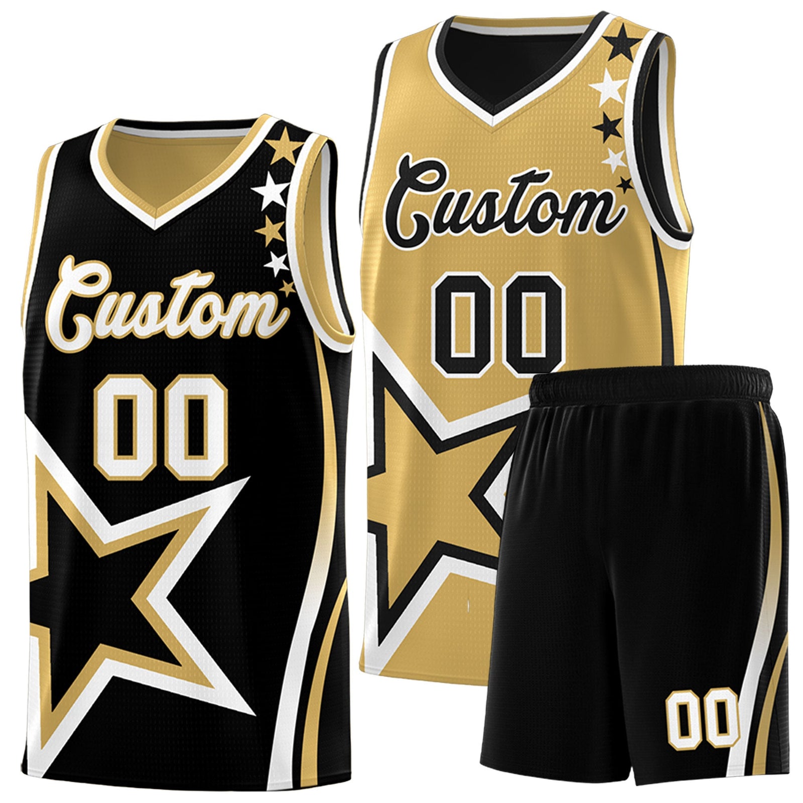 Custom Black Old Gold White Star Series Reversible Sets Basketball Jersey| KXKSHOP