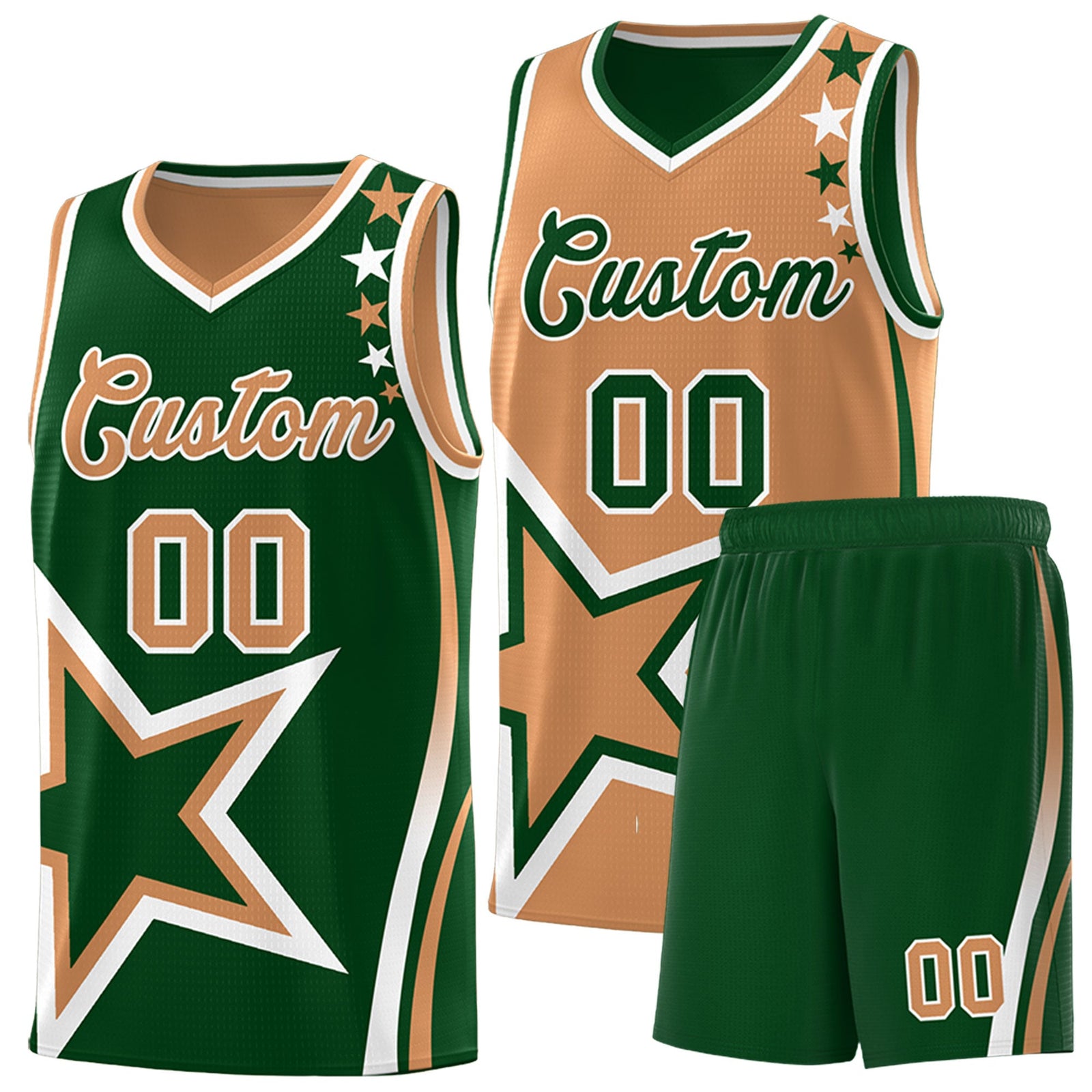 Custom Green Buckskin Brown White Star Series Reversible Sets Basketball Jersey| KXKSHOP
