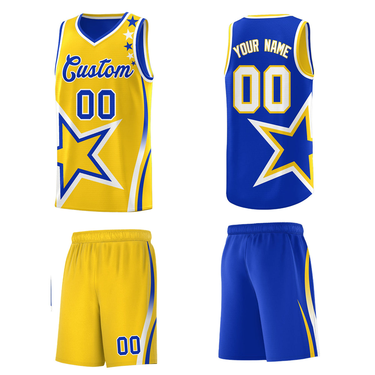 Custom Royal Blue Gold White Star Series Reversible Sets Basketball Jersey| KXKSHOP