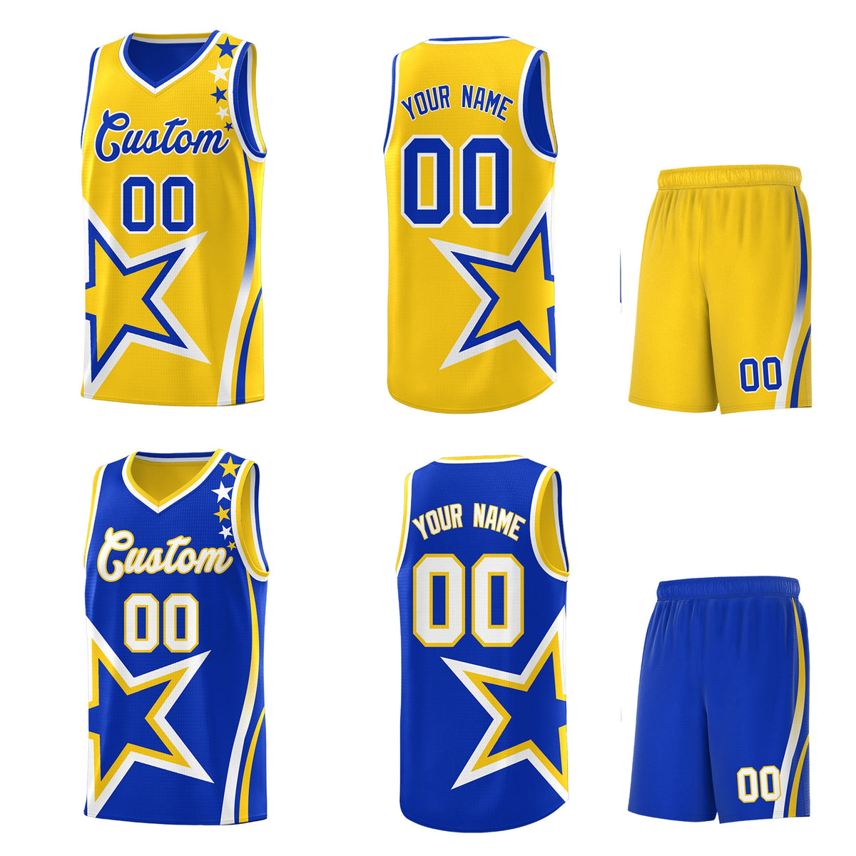 Custom Royal Blue Gold White Star Series Reversible Sets Basketball Jersey| KXKSHOP