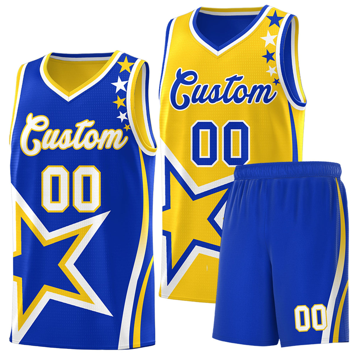Custom Royal Blue Gold White Star Series Reversible Sets Basketball Jersey| KXKSHOP