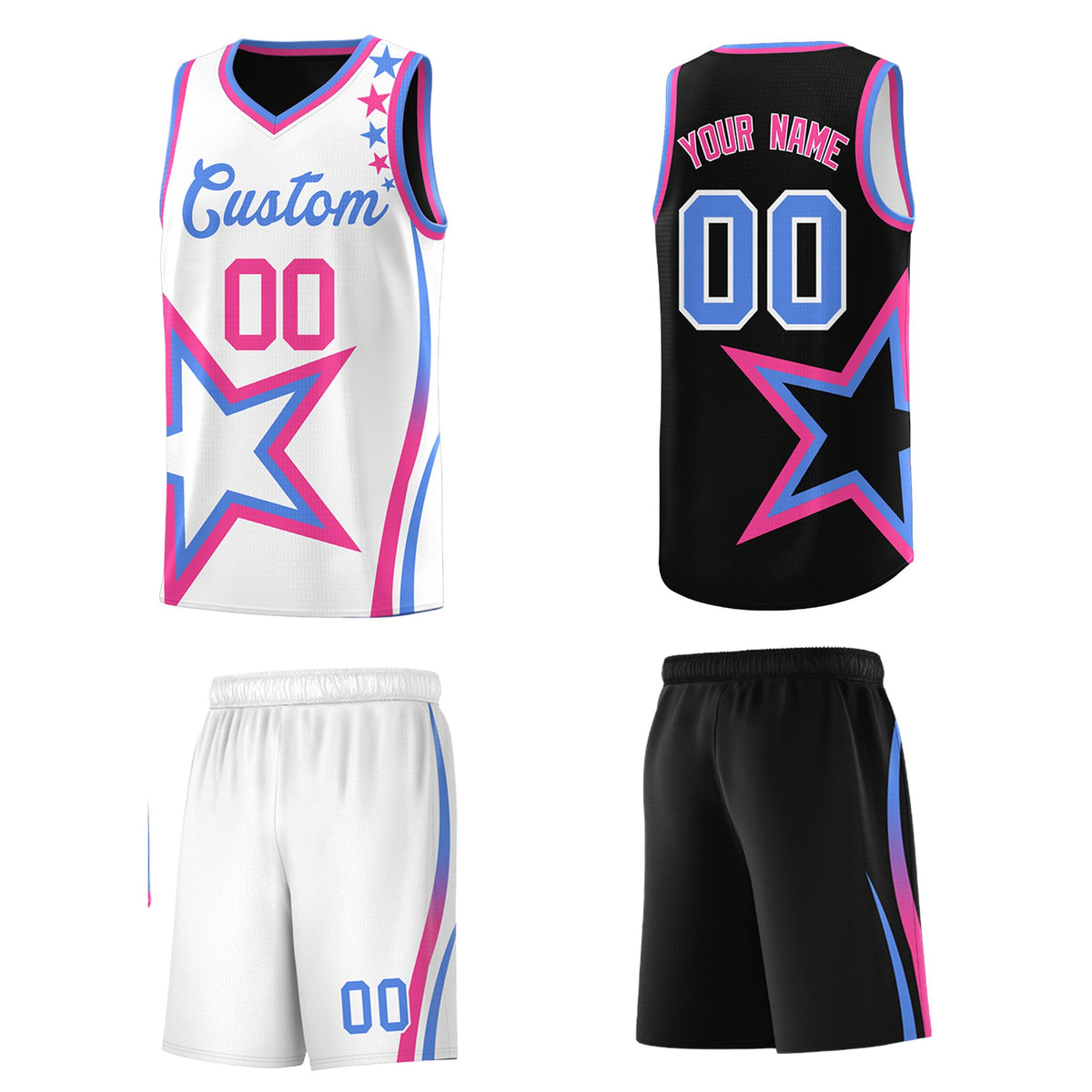 Custom Black Light Blue Pink Star Series Reversible Sets Basketball Jersey| KXKSHOP