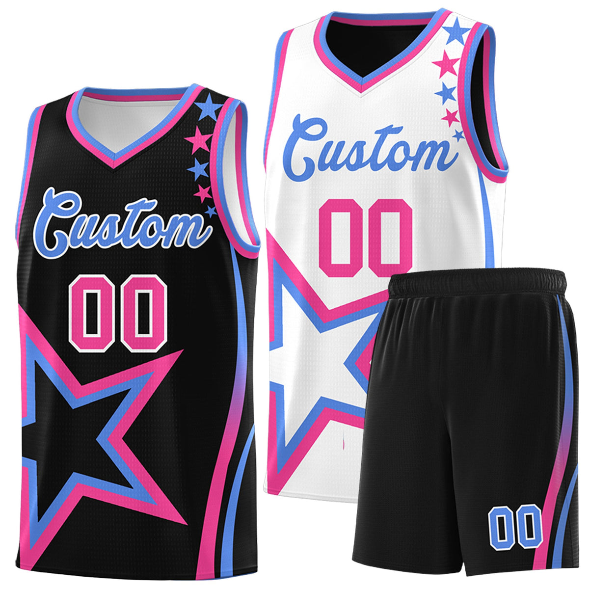 Custom Black Light Blue Pink Star Series Reversible Sets Basketball Jersey| KXKSHOP