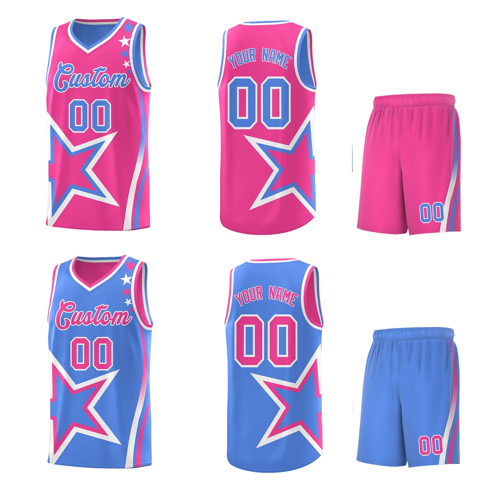 Custom Light Blue Pink White Star Series Reversible Sets Basketball Jersey| KXKSHOP