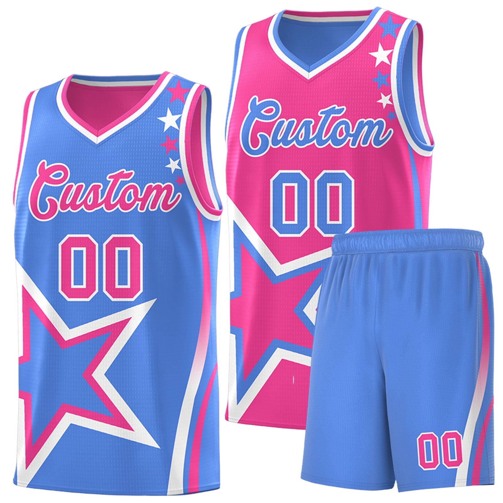 Custom Light Blue Pink White Star Series Reversible Sets Basketball Jersey| KXKSHOP