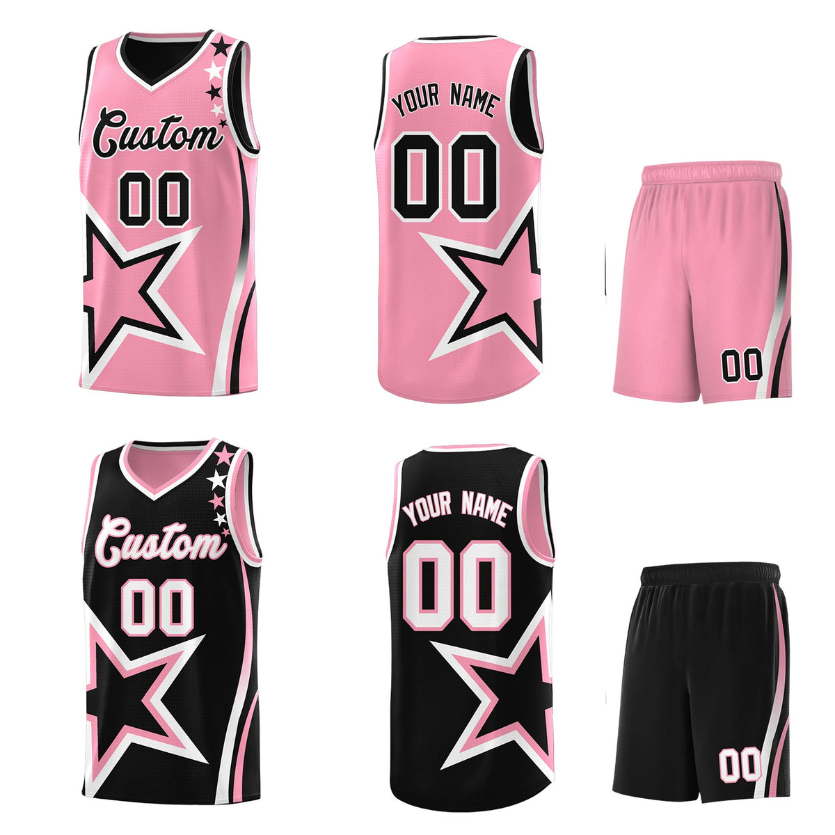 Custom Black Light Pink White Star Series Reversible Sets Basketball Jersey| KXKSHOP