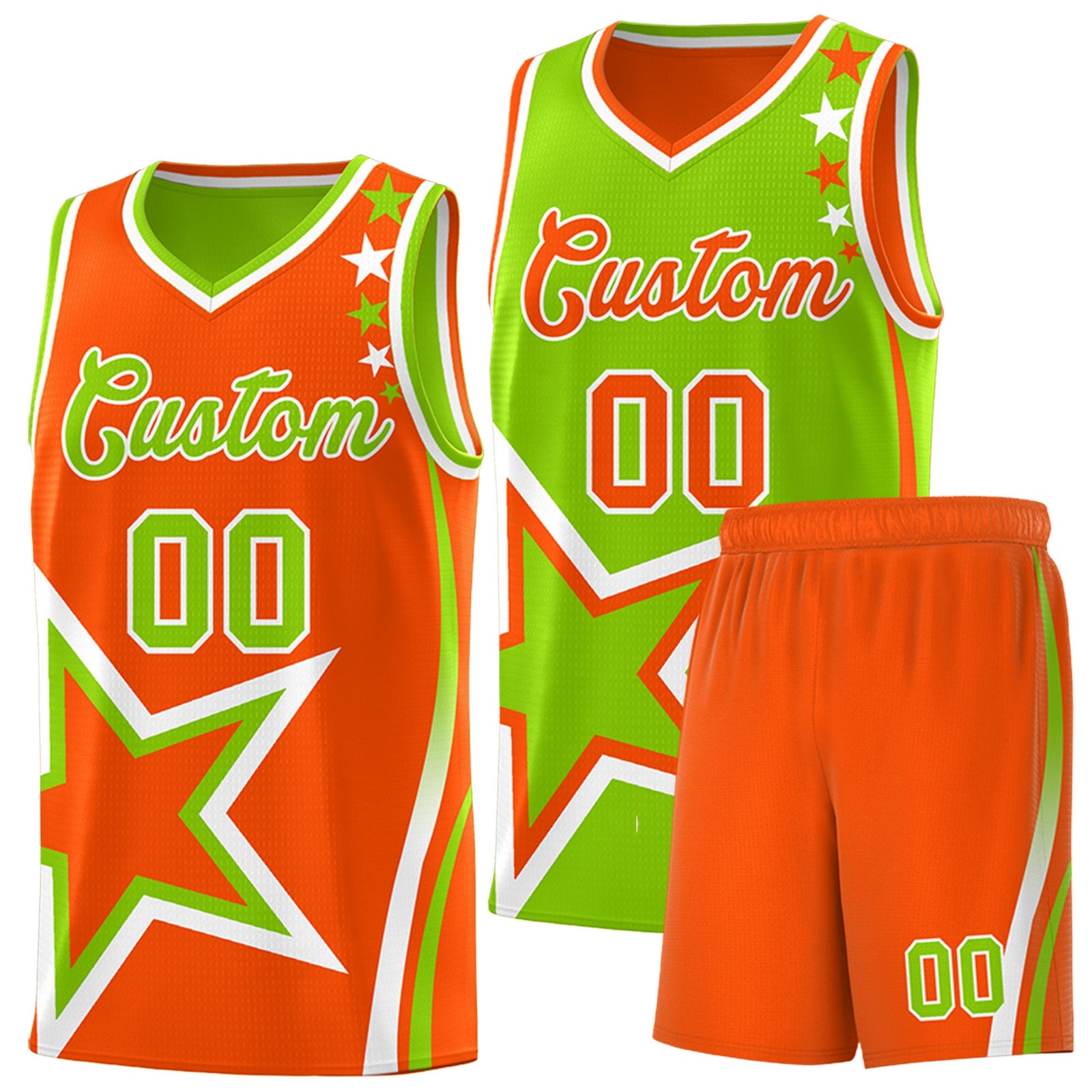 Custom Orange Neon Green White Star Series Reversible Sets Basketball Jersey| KXKSHOP