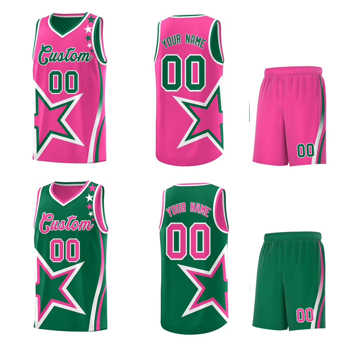 Custom Kelly Green Pink White Star Series Reversible Sets Basketball Jersey| KXKSHOP