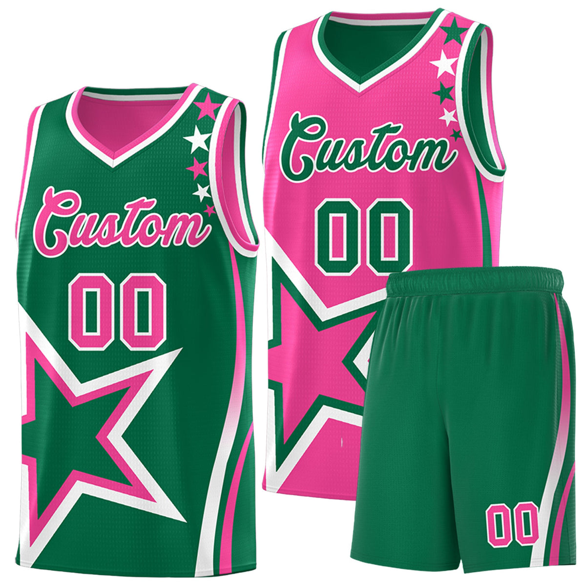 Custom Kelly Green Pink White Star Series Reversible Sets Basketball Jersey| KXKSHOP