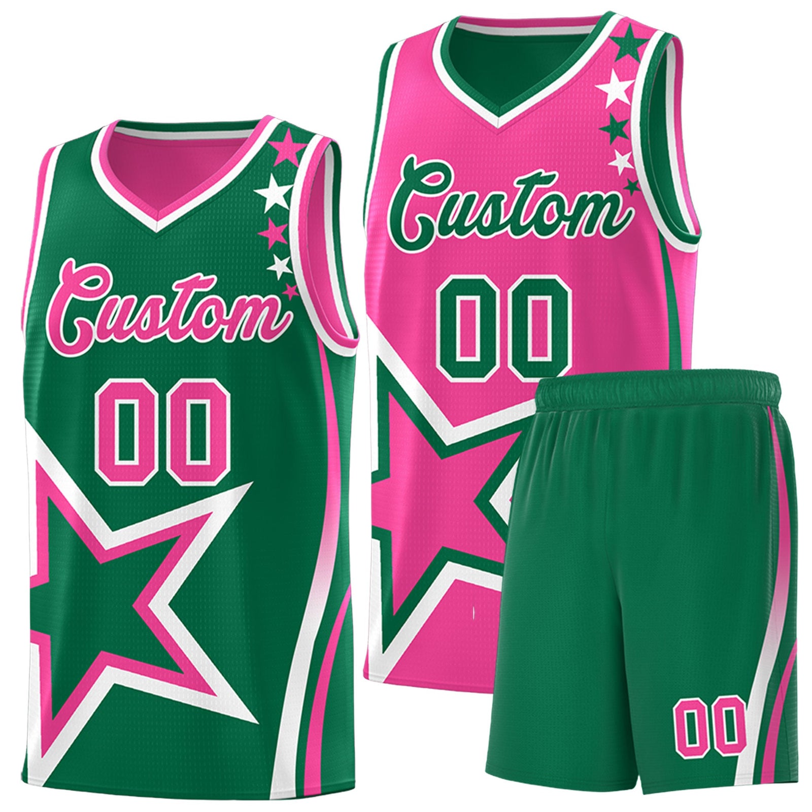 Custom Kelly Green Pink White Star Series Reversible Sets Basketball Jersey| KXKSHOP