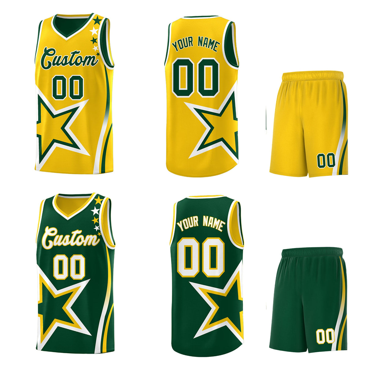 Custom Green Gold White Star Series Reversible Sets Basketball Jersey| KXKSHOP