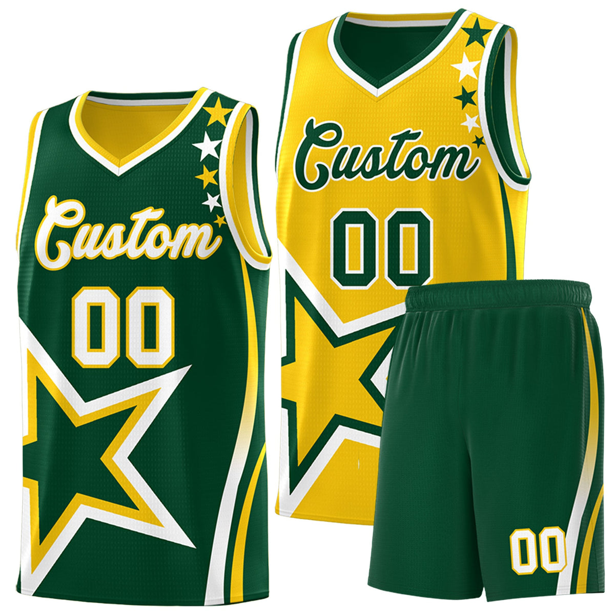 Custom Green Gold White Star Series Reversible Sets Basketball Jersey| KXKSHOP