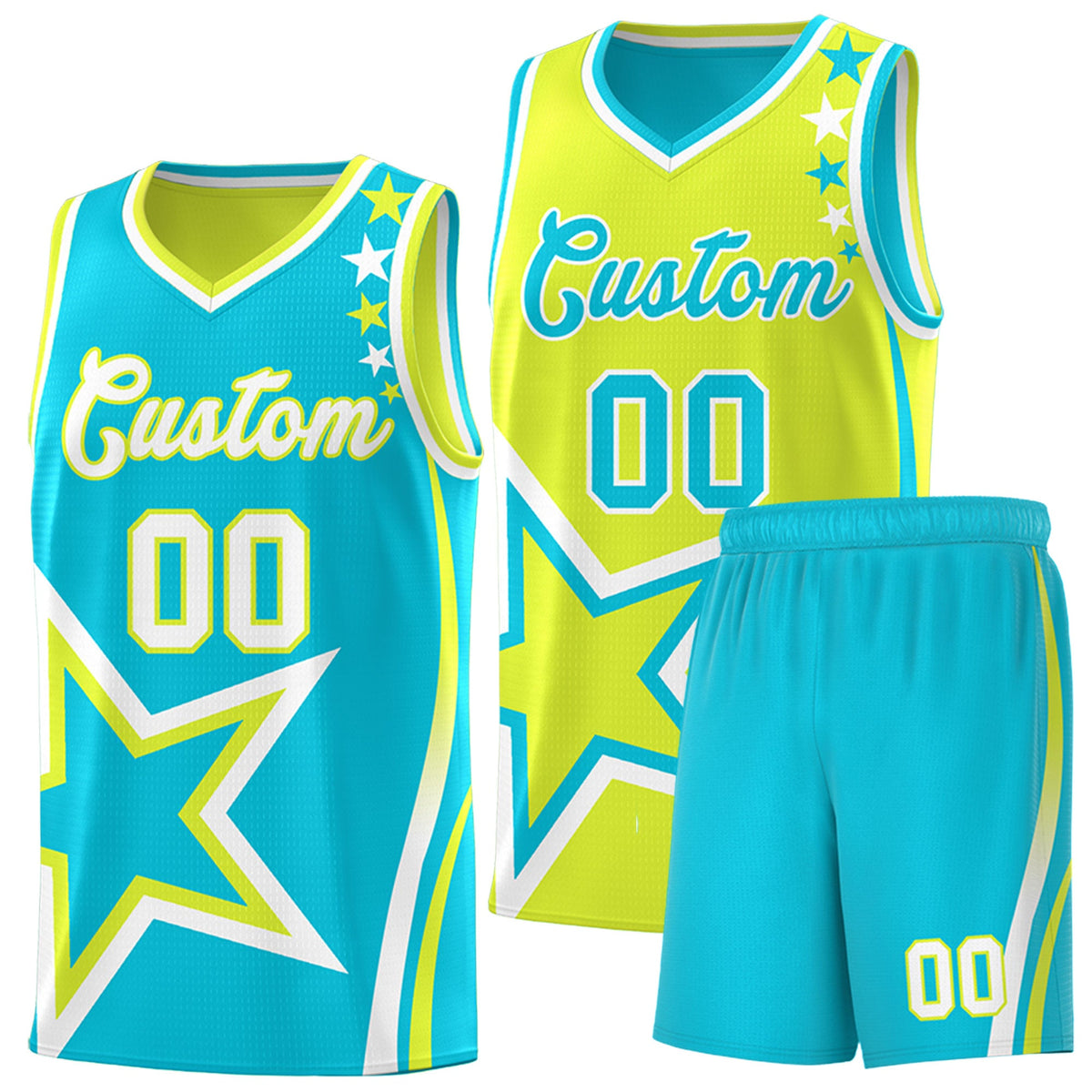 Custom Sky Blue Fluorescent Green White Star Series Reversible Sets Basketball Jersey| KXKSHOP