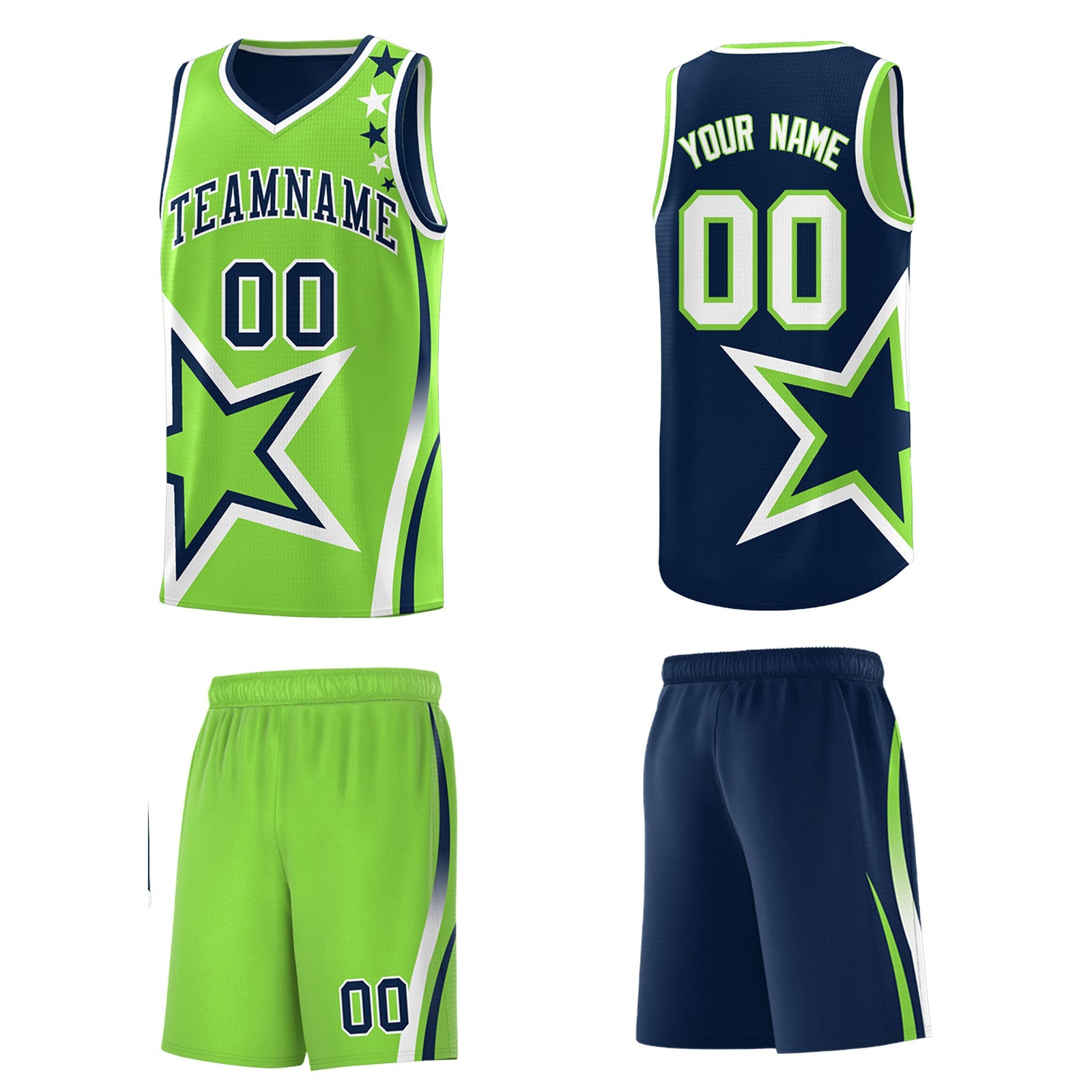 Custom Navy Fluorescent Green White Star Series Reversible Sets Basketball Jersey| KXKSHOP