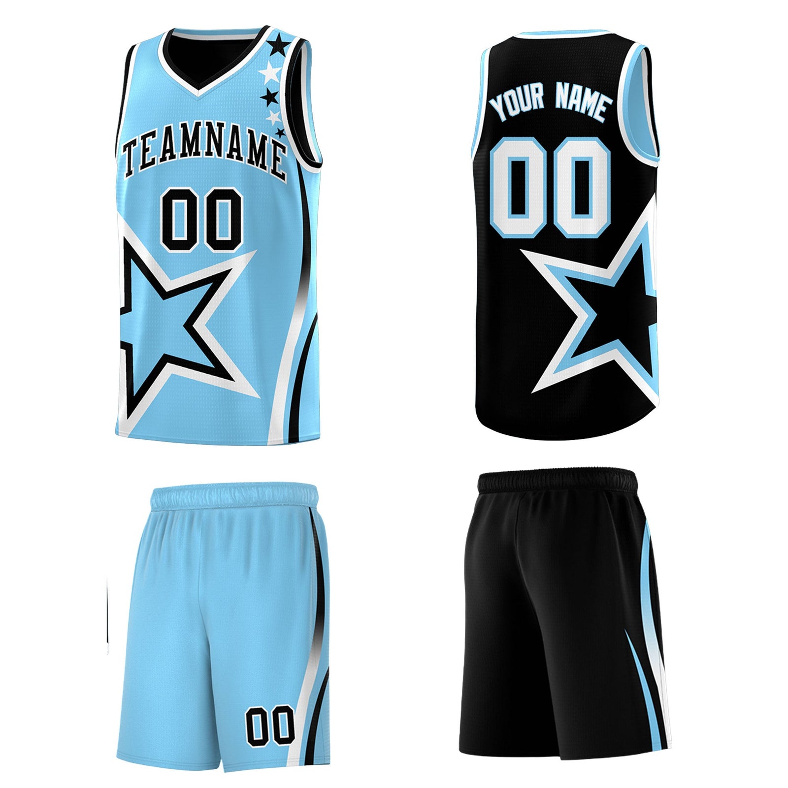 Custom Black Light Blue White Star Series Reversible Sets Basketball Jersey| KXKSHOP