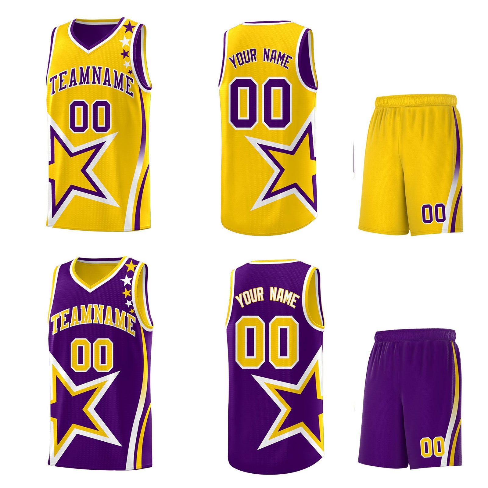 Custom Purple Gold White Star Series Reversible Sets Basketball Jersey| KXKSHOP