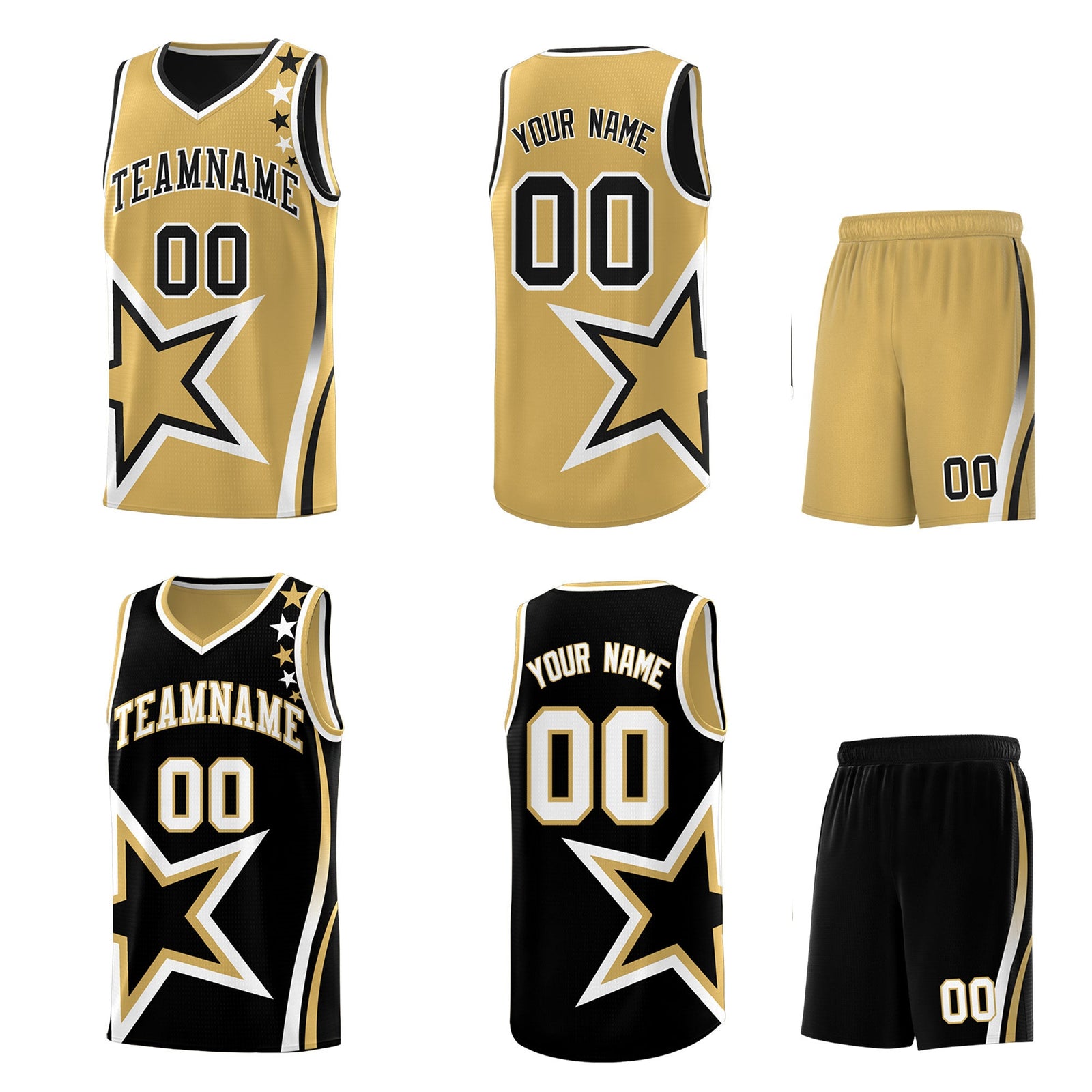 Custom Black Old Gold White Star Series Reversible Sets Basketball Jersey| KXKSHOP