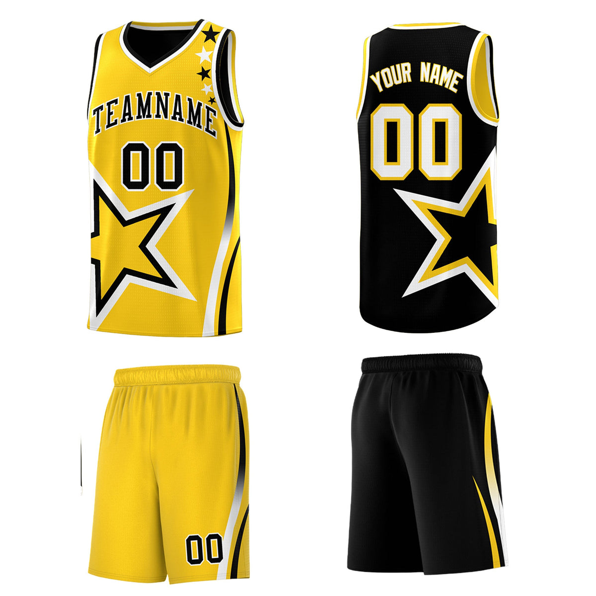Custom Black Gold White Star Series Reversible Sets Basketball Jersey| KXKSHOP