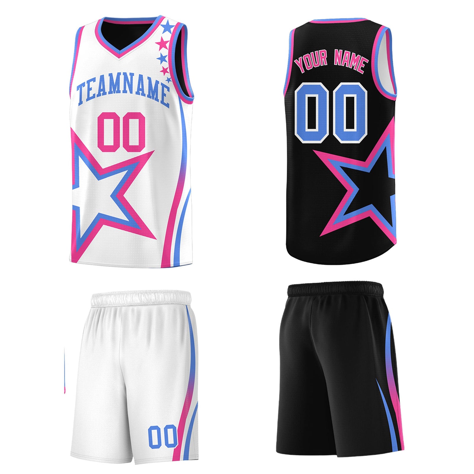 Custom Black Light Blue Pink Star Series Reversible Sets Basketball Jersey| KXKSHOP