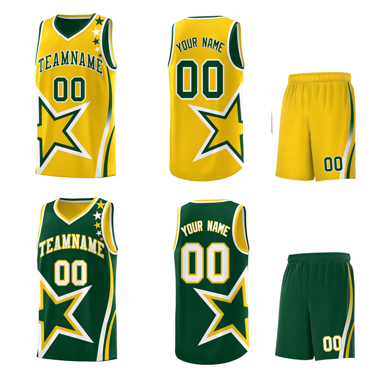 Custom Green Gold White Star Series Reversible Sets Basketball Jersey| KXKSHOP