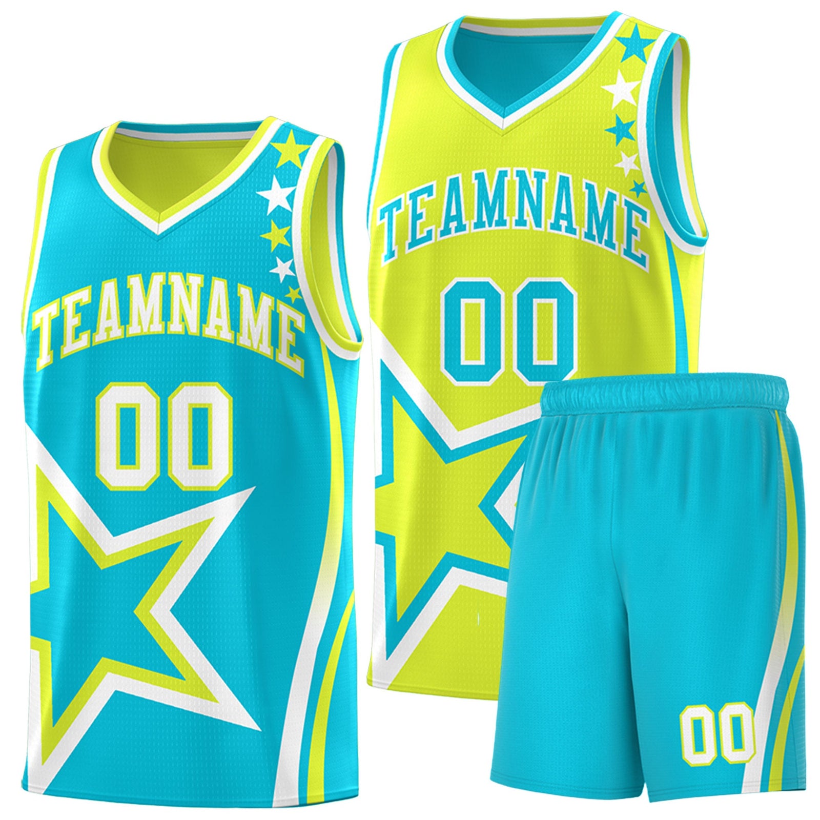 Custom Sky Blue Fluorescent Green White Star Series Reversible Sets Basketball Jersey| KXKSHOP