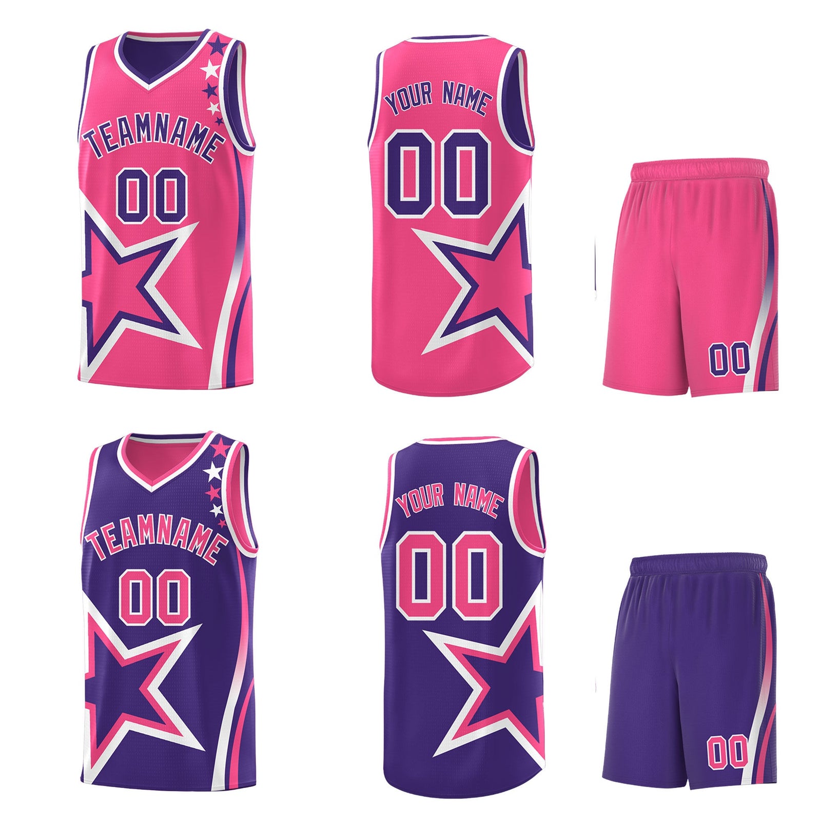 Custom Purple Pink White Star Series Reversible Sets Basketball Jersey| KXKSHOP
