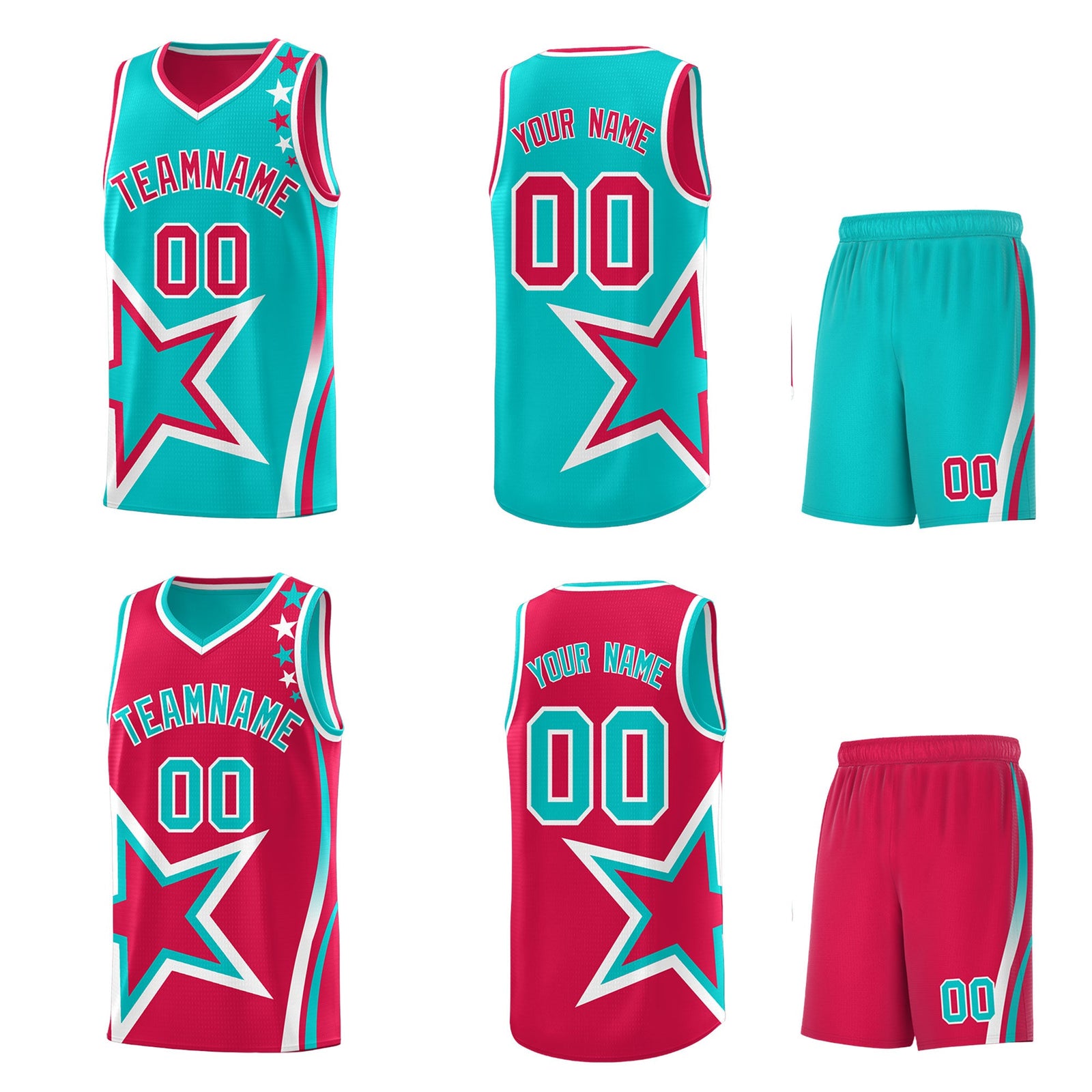 Custom Red Aqua White Star Series Reversible Sets Basketball Jersey| KXKSHOP