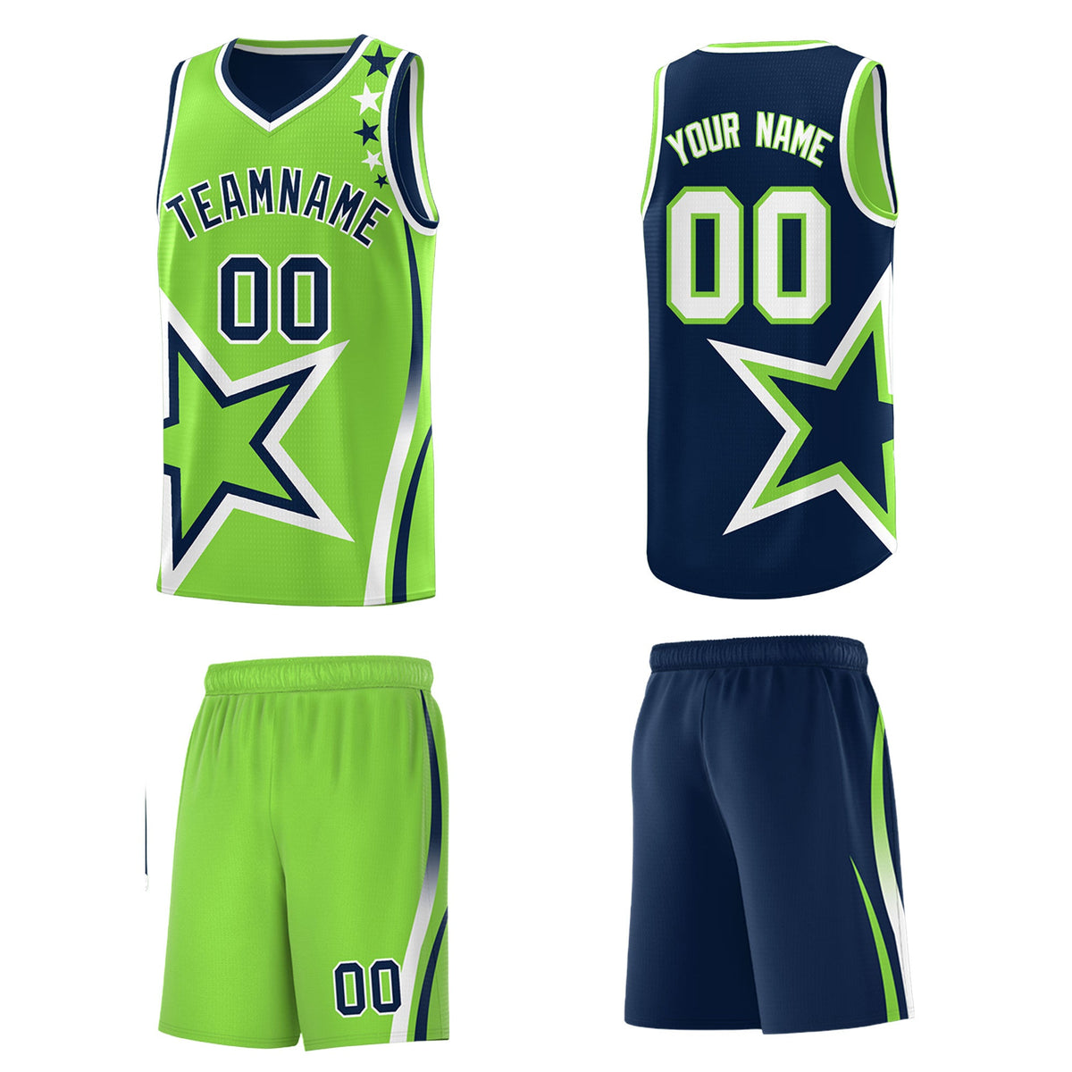 Custom Navy Fluorescent Green White Star Series Reversible Sets Basketball Jersey| KXKSHOP