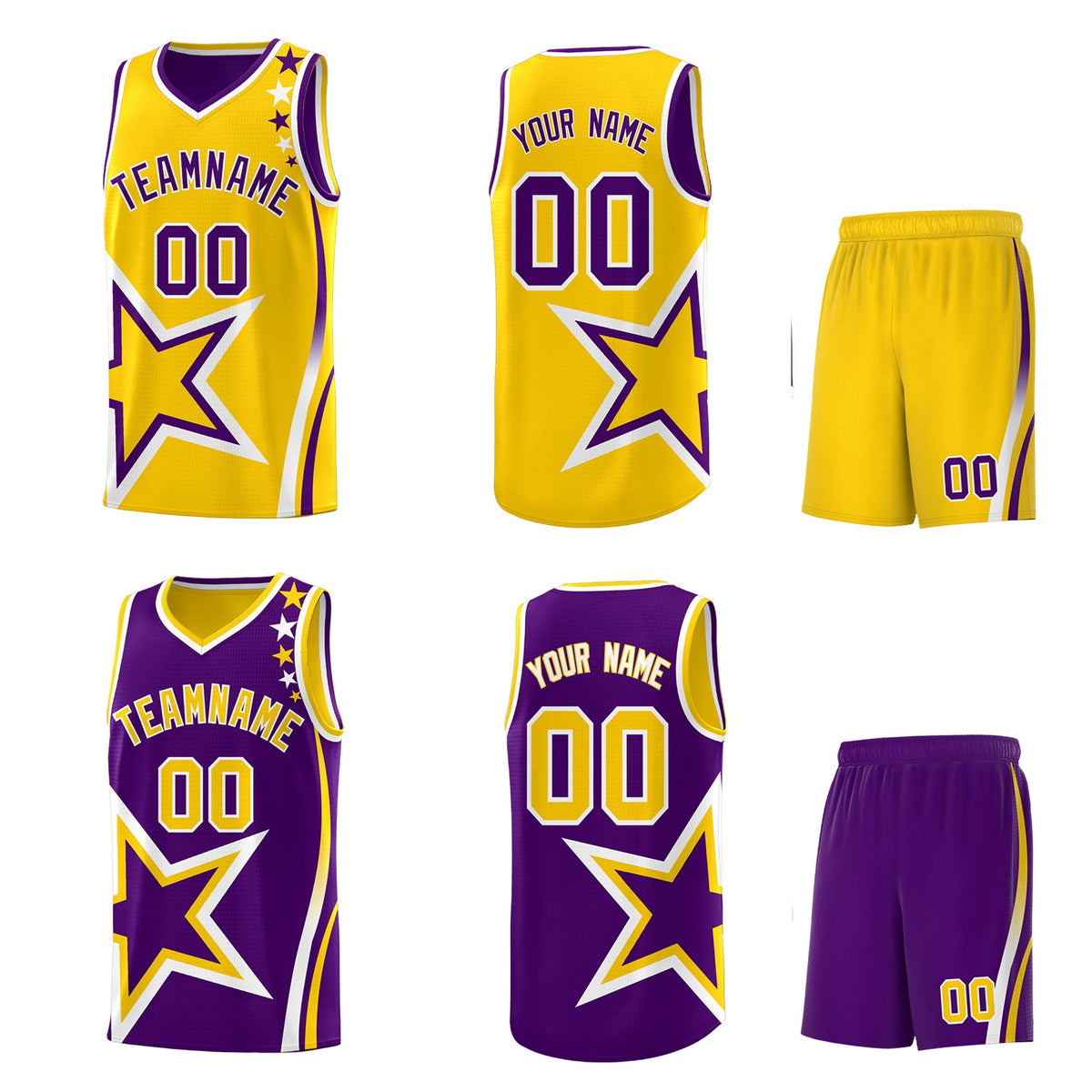 Custom Purple Gold White Star Series Reversible Sets Basketball Jersey| KXKSHOP