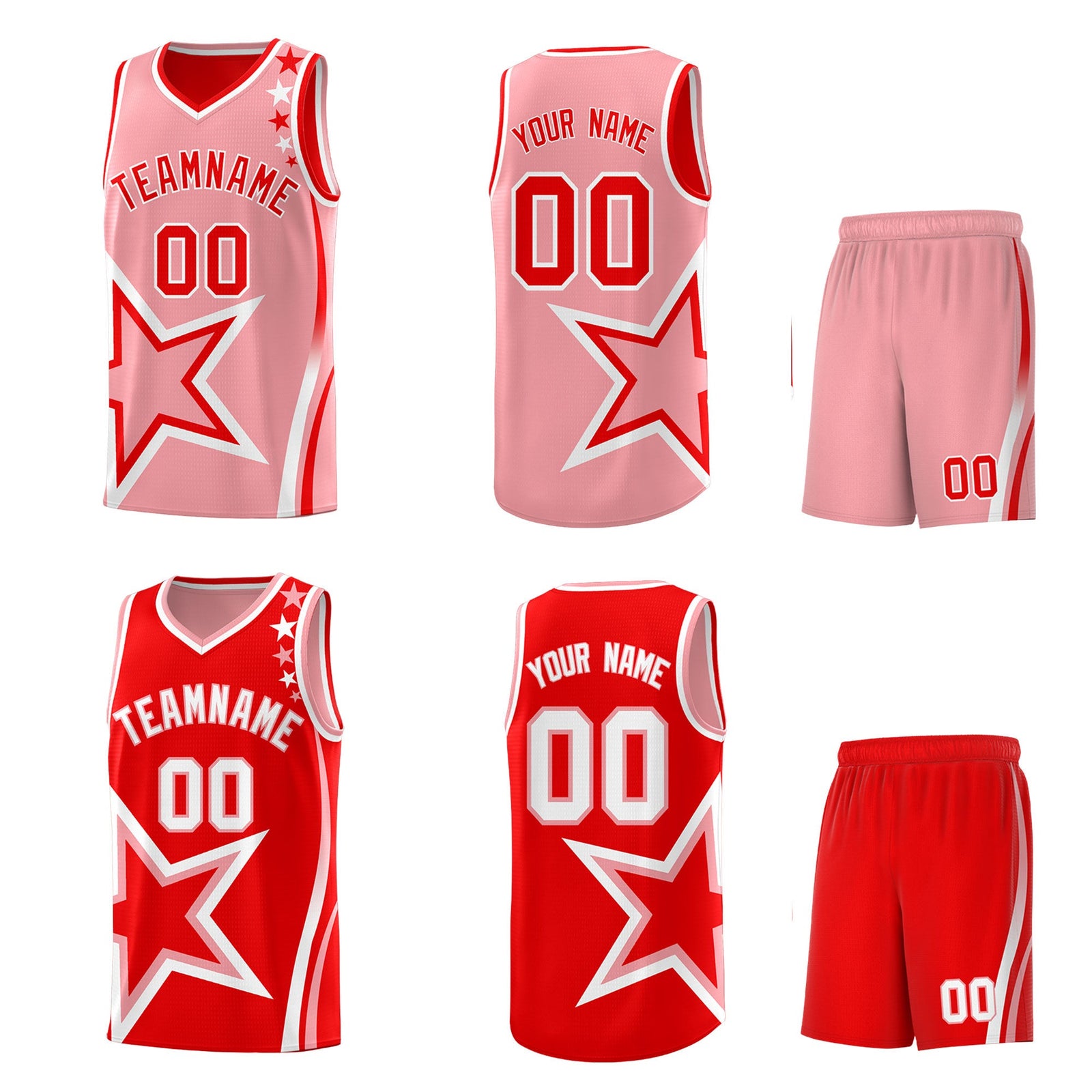 Custom Light Red Light Pink White Star Series Reversible Sets Basketball Jersey| KXKSHOP