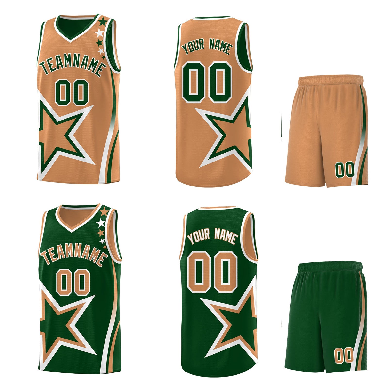 Custom Green Buckskin Brown White Star Series Reversible Sets Basketball Jersey| KXKSHOP