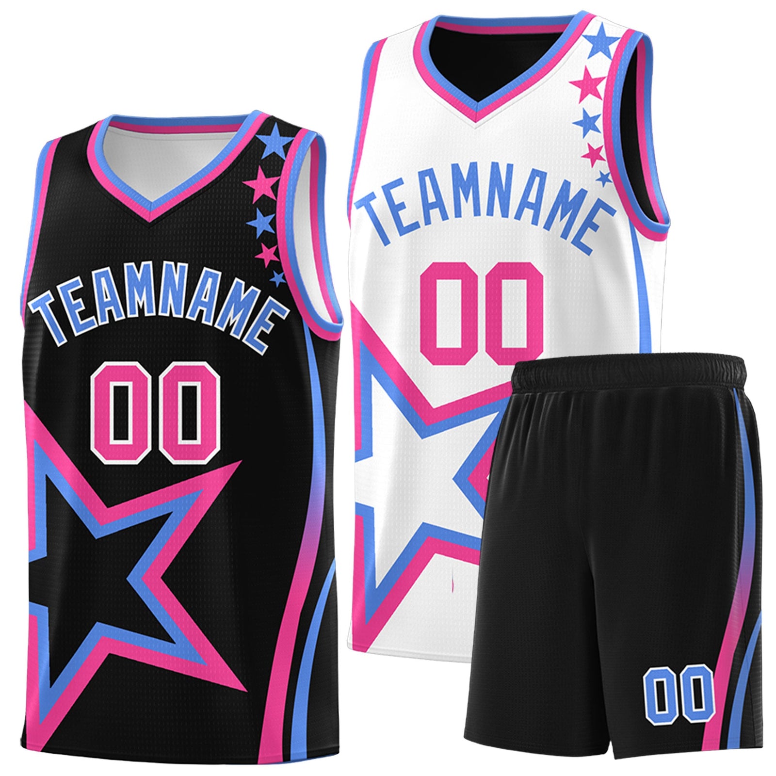 Custom Black Light Blue Pink Star Series Reversible Sets Basketball Jersey| KXKSHOP