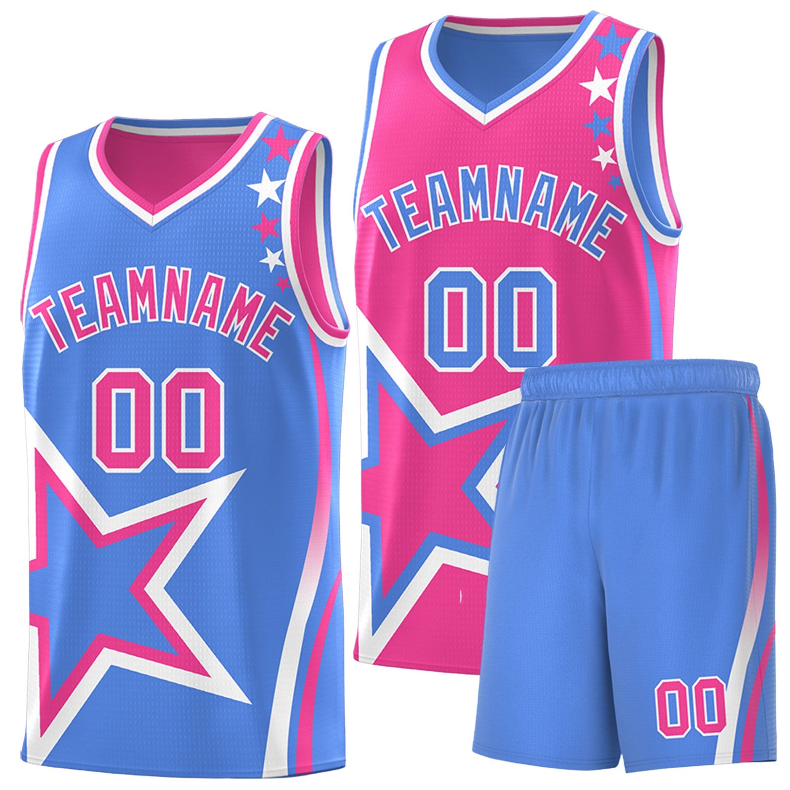 Custom Light Blue Pink White Star Series Reversible Sets Basketball Jersey| KXKSHOP