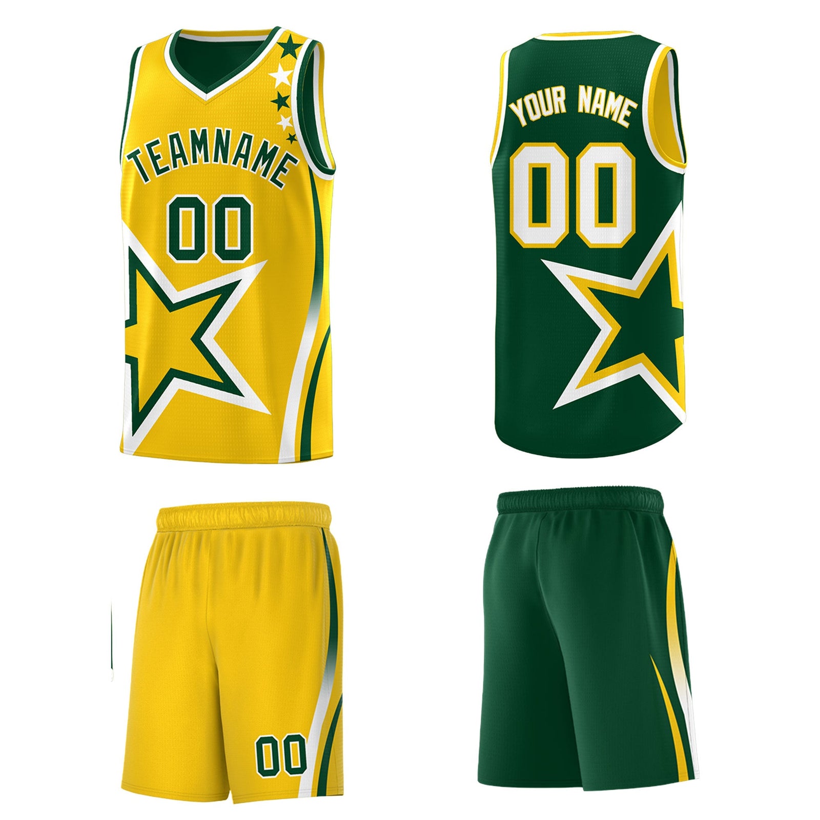 Custom Green Gold White Star Series Reversible Sets Basketball Jersey| KXKSHOP