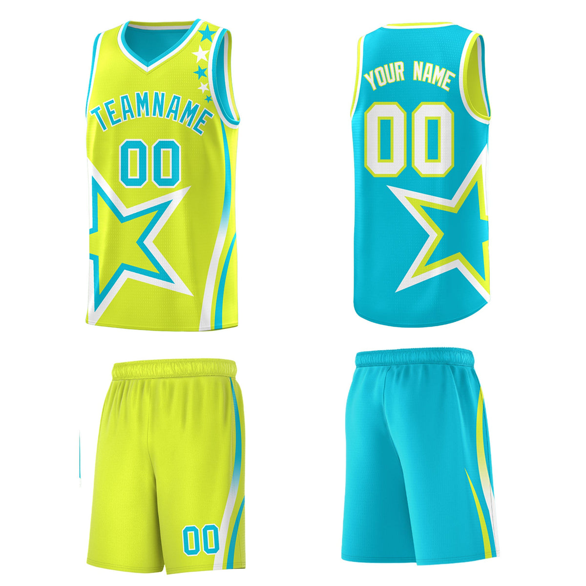Custom Sky Blue Fluorescent Green White Star Series Reversible Sets Basketball Jersey| KXKSHOP