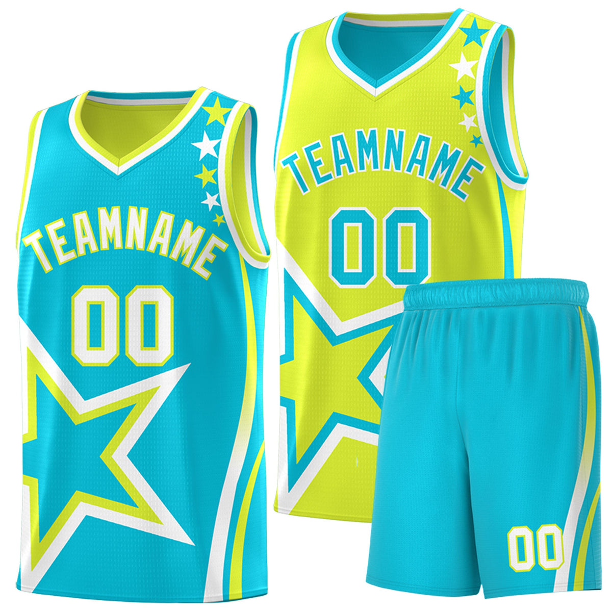 Custom Sky Blue Fluorescent Green White Star Series Reversible Sets Basketball Jersey| KXKSHOP