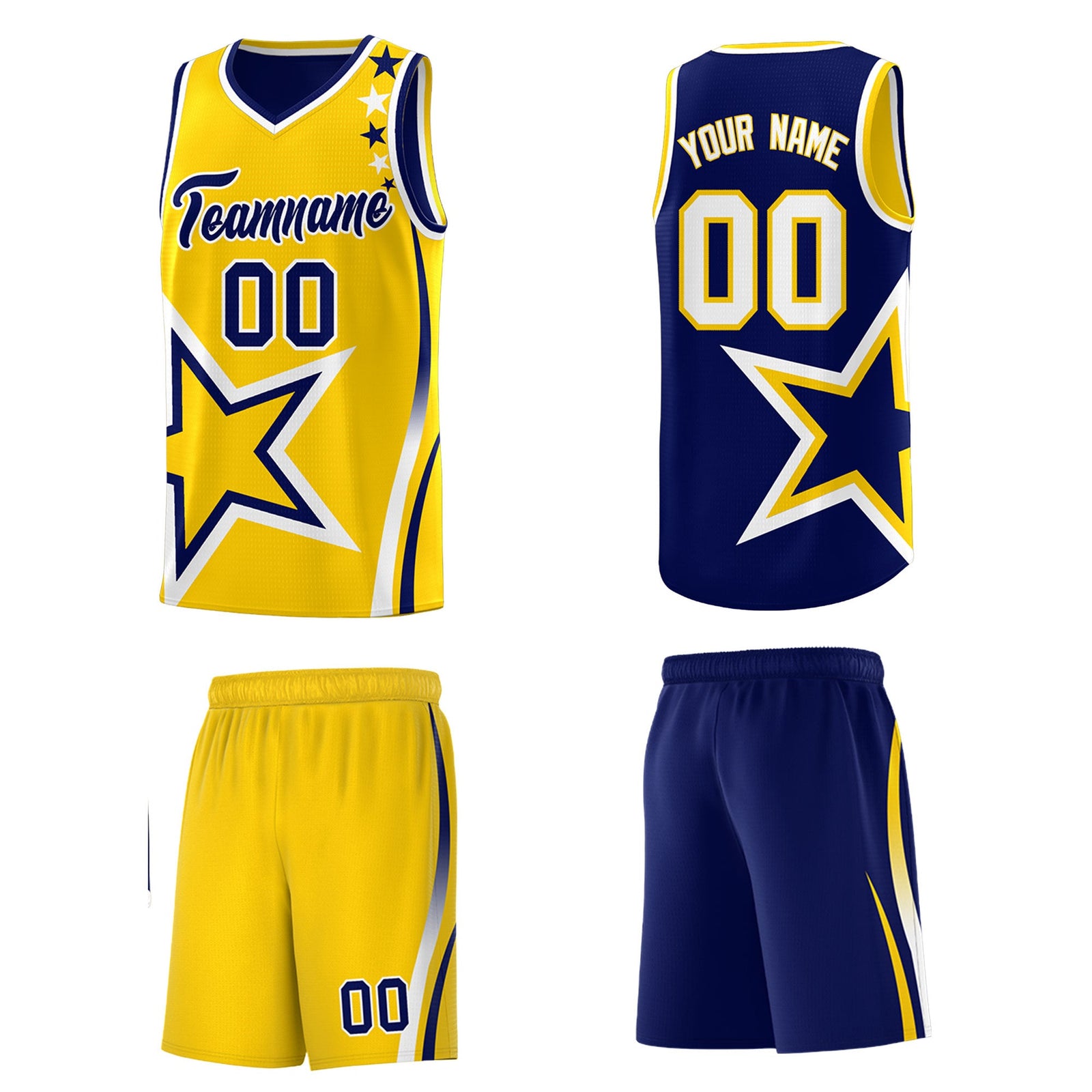 Custom Navy Gold White Star Series Reversible Sets Basketball Jersey| KXKSHOP