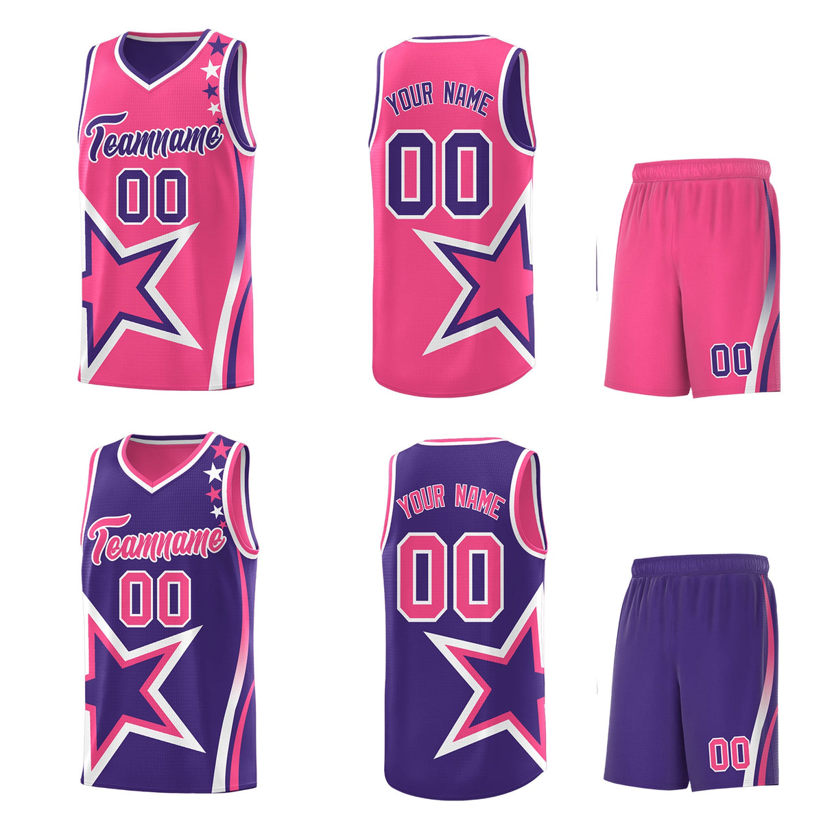 Custom Purple Pink White Star Series Reversible Sets Basketball Jersey| KXKSHOP