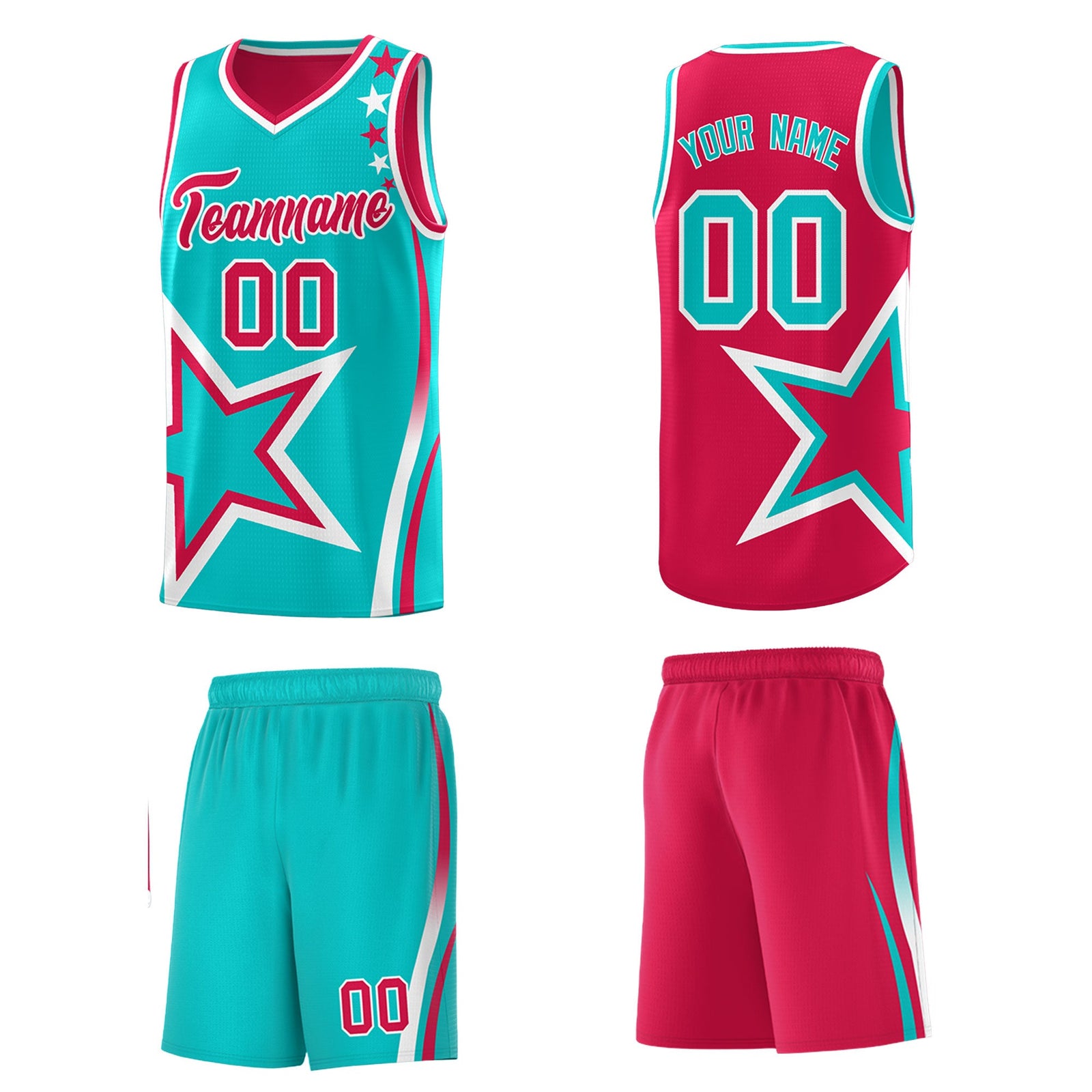 Custom Red Aqua White Star Series Reversible Sets Basketball Jersey| KXKSHOP
