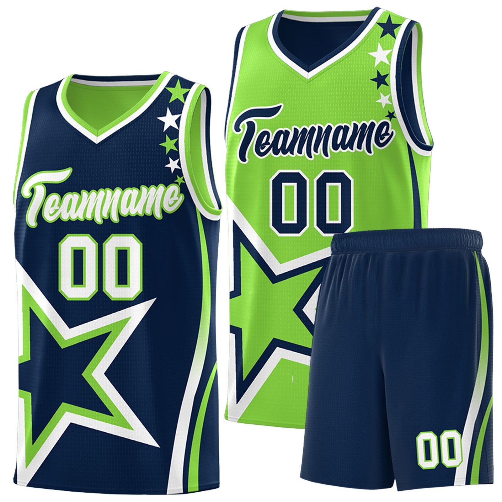 Custom Navy Fluorescent Green White Star Series Reversible Sets Basketball Jersey| KXKSHOP