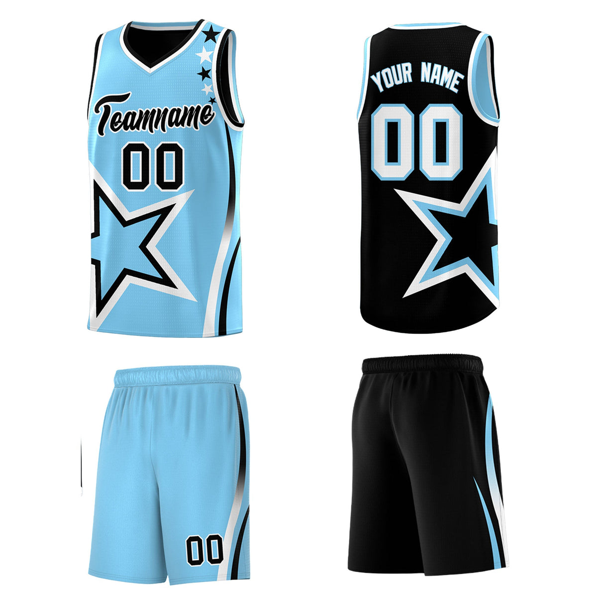 Custom Black Light Blue White Star Series Reversible Sets Basketball Jersey| KXKSHOP