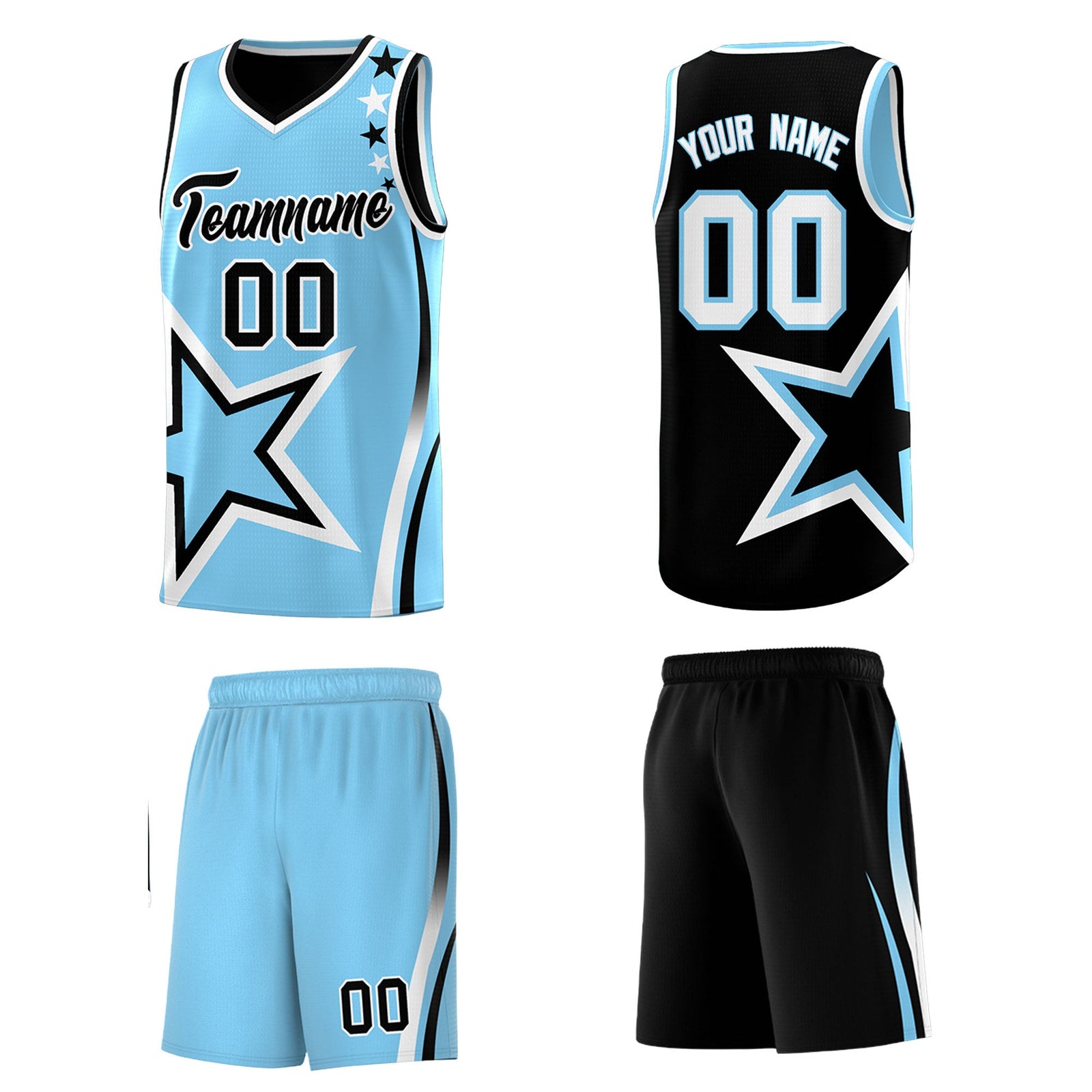 Custom Black Light Blue White Star Series Reversible Sets Basketball Jersey| KXKSHOP