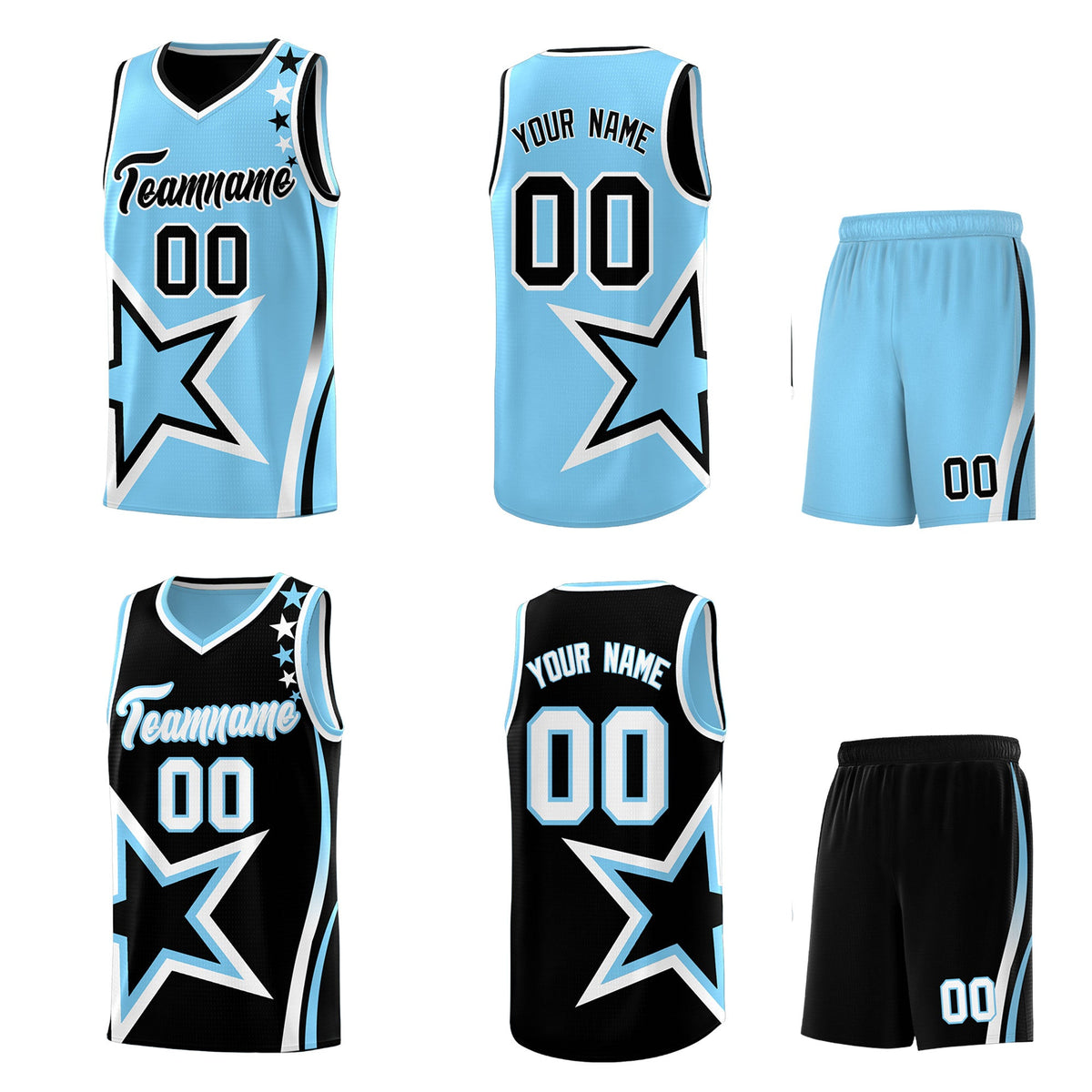 Custom Black Light Blue White Star Series Reversible Sets Basketball Jersey| KXKSHOP
